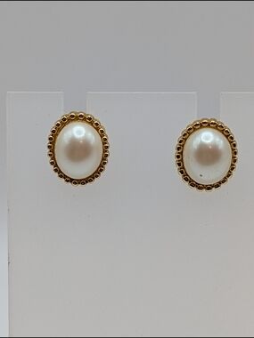 Vintage EVOKE Signed Faux Pearl Oval Stud Earrings Gold Tone